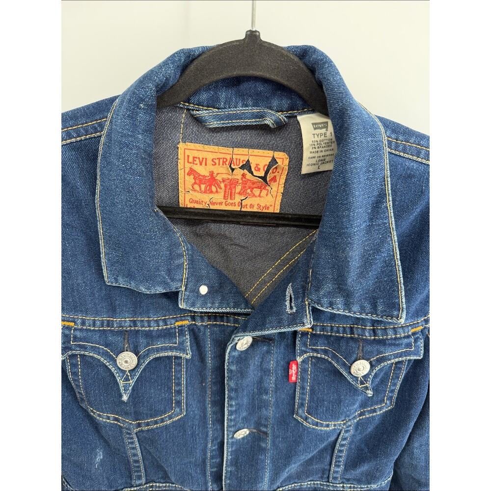 Levi’s Type 1 Iconic Y2K western yoke long line denim jean jacket sz L Long - Picture 2 of 8